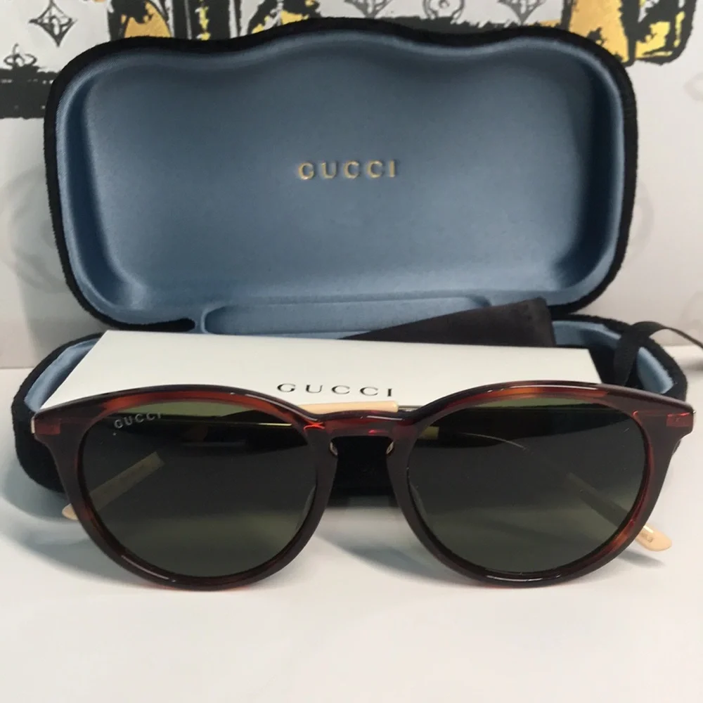 Brand New Gucci GG1048S 002 Round Sunglasses – Havana with Green Lenses ✨